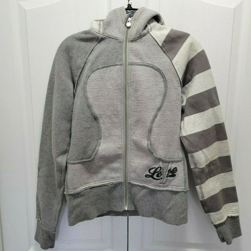 Lululemon Scuba Hooded Sweater Special Edition LOVE Gray Striped Fleece Zip Sz 4
